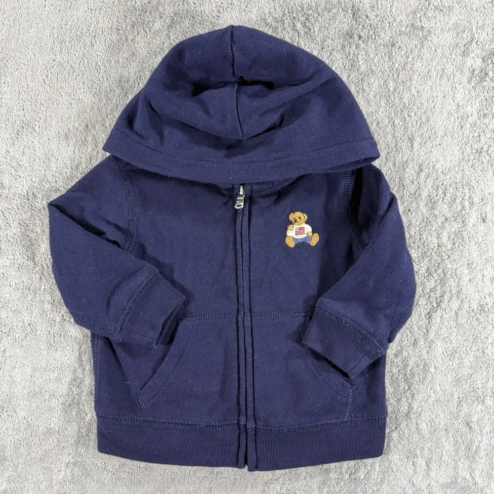 Ralph Lauren Baby Hoodie Boys 9 Months Blue Polo Bear Full Zip Sweatshirt Jacket